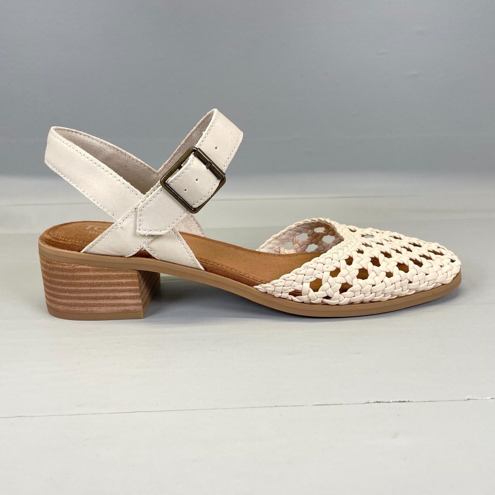 TOMS Jaclyn Pump Sandals Womens Size 9 Cream Leather Ankle Strap Buckle Shoes